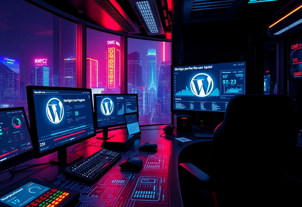 a room with multiple monitors and a window with lights