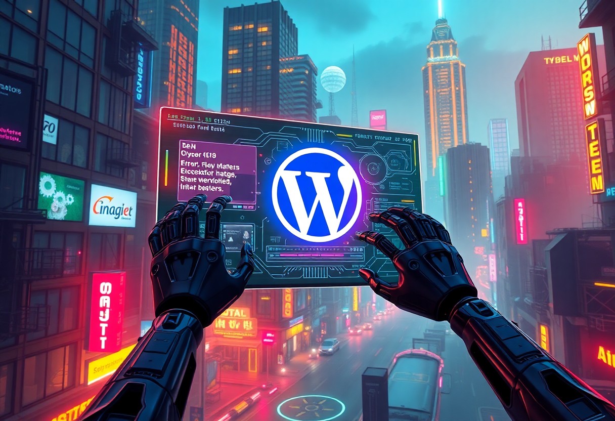 a robot hands holding a tablet in front of a city