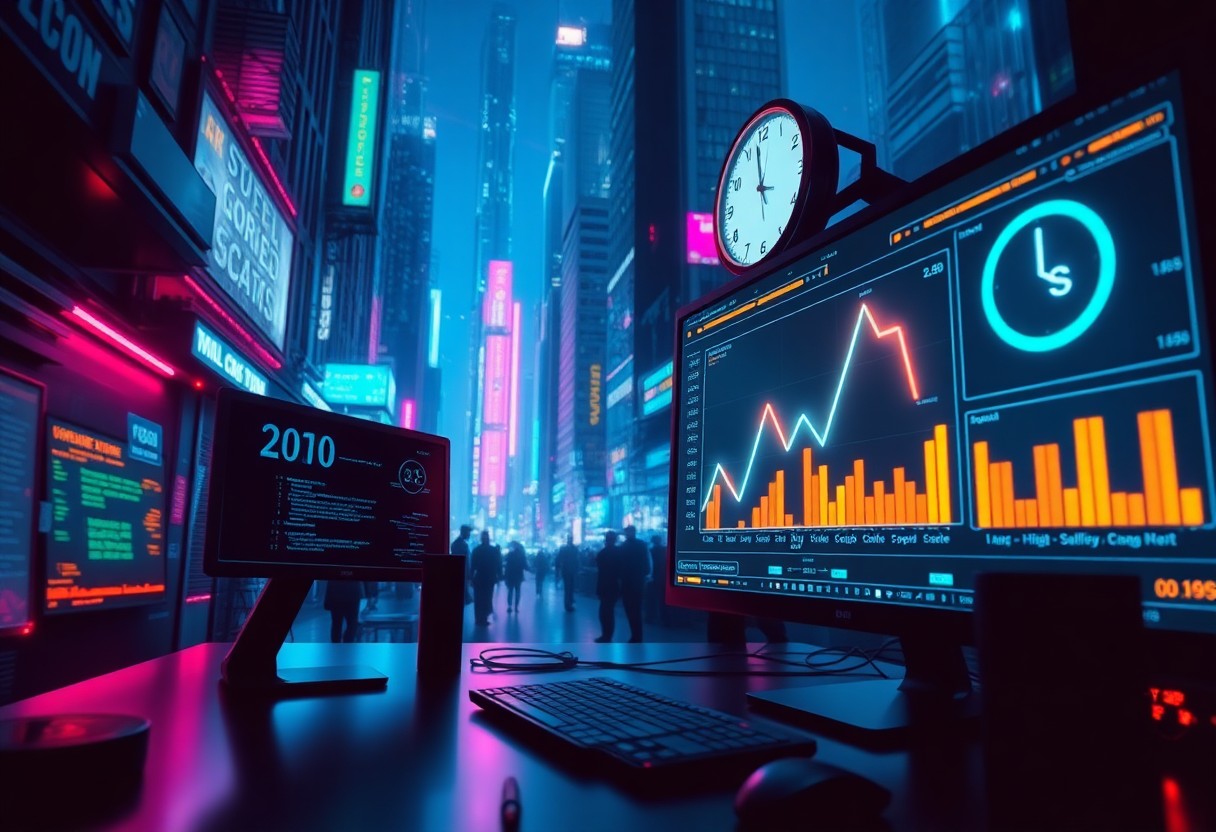 a computer monitors and a clock on a table in a city