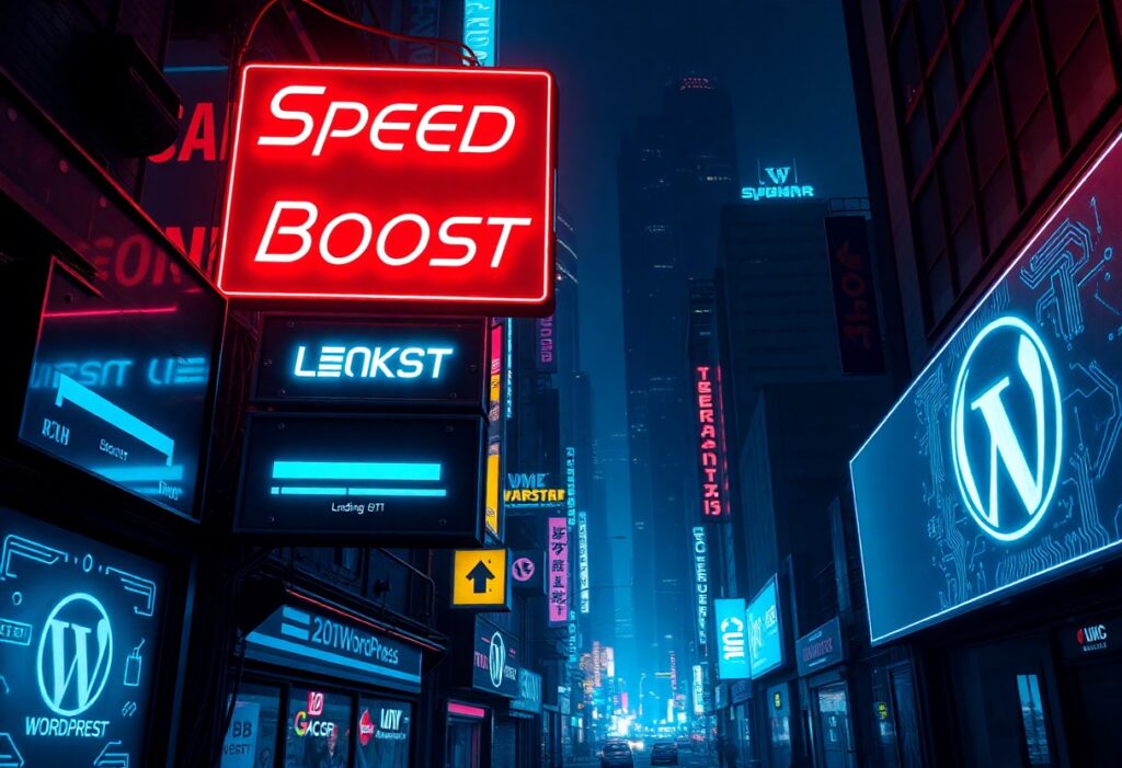 a street with neon signs and buildings