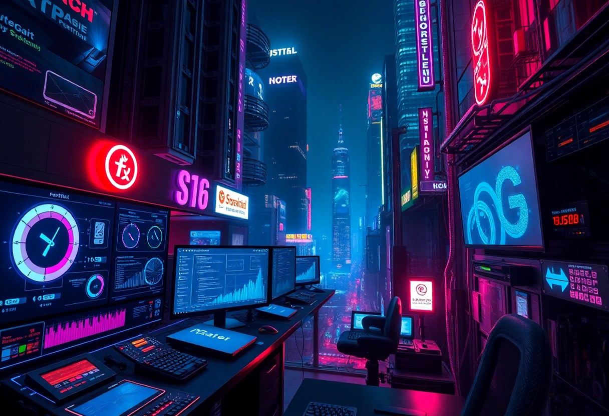 a room with multiple computers and neon lights
