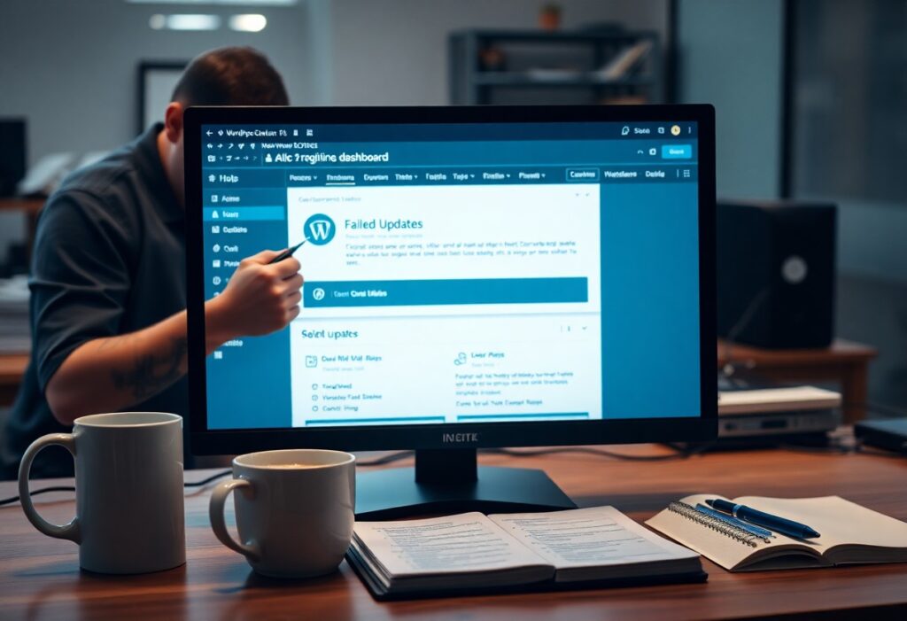 a computer screen with a pen and a cup of coffee on a desk