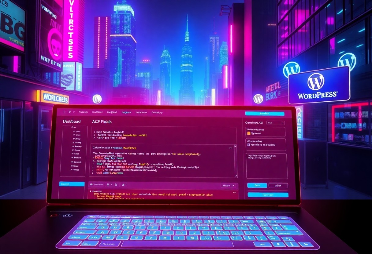 a laptop with a lit up keyboard in front of a city