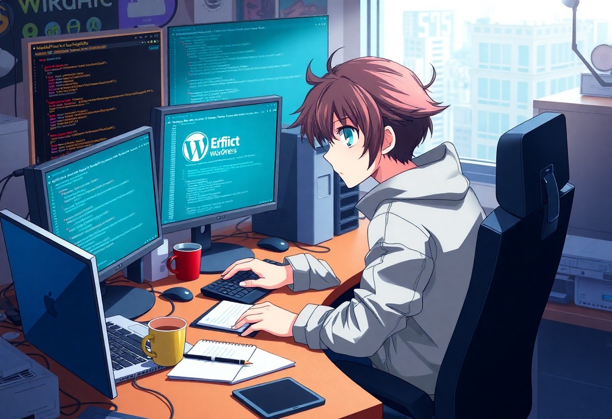a cartoon of a man sitting at a desk with multiple computer screens