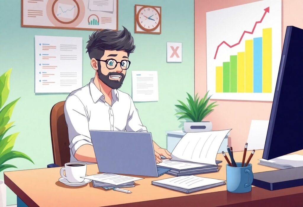 a cartoon of a man working on a laptop