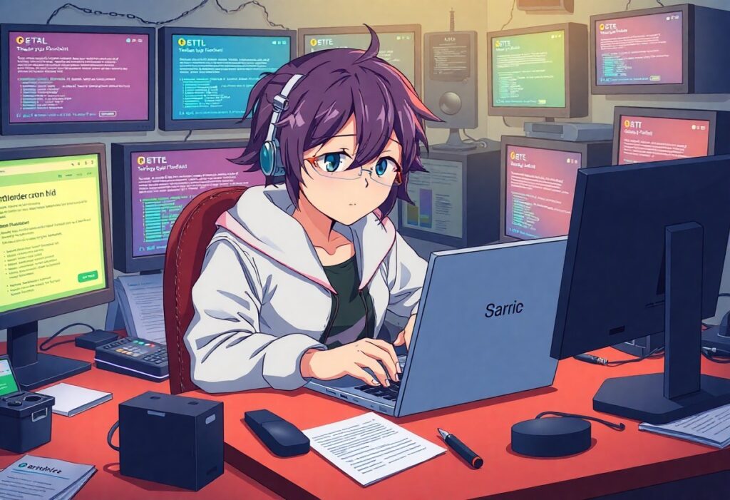 a cartoon of a woman using a laptop