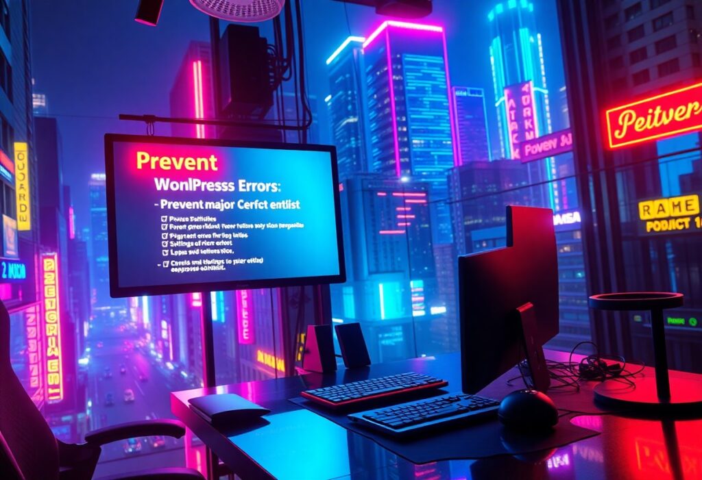 a desk with a computer and a monitor in front of a city skyline