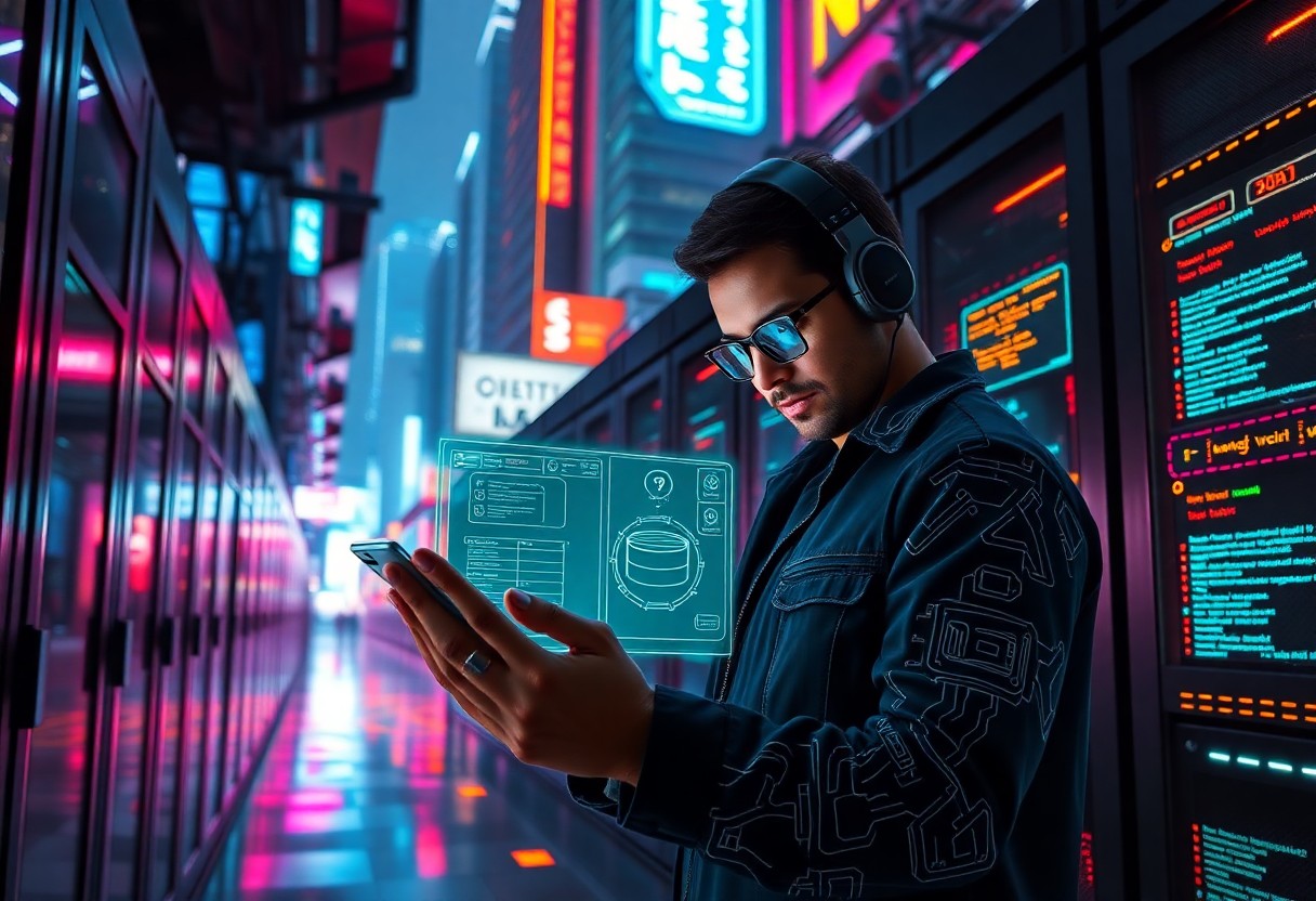 a man wearing headphones and holding a phone