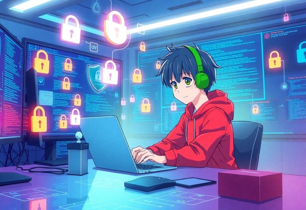 a cartoon of a boy using a laptop