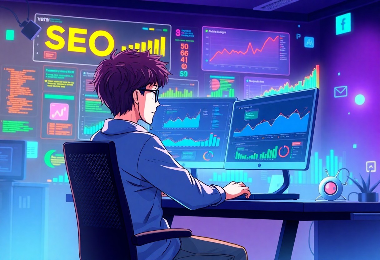 a man sitting at a desk with computer screens