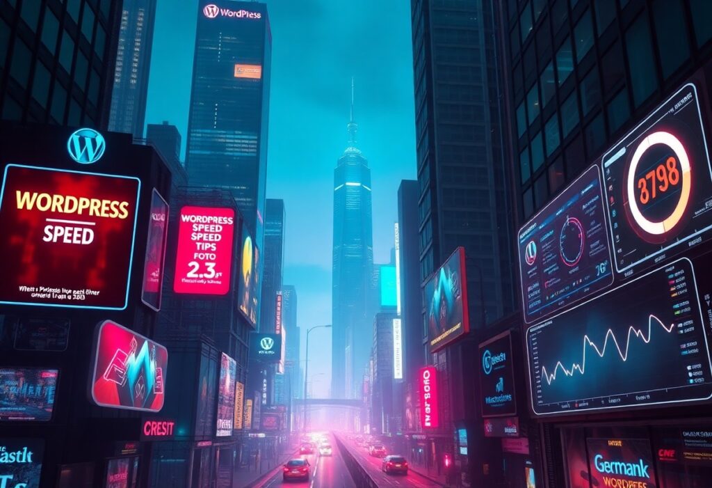 a city street with tall buildings and signs