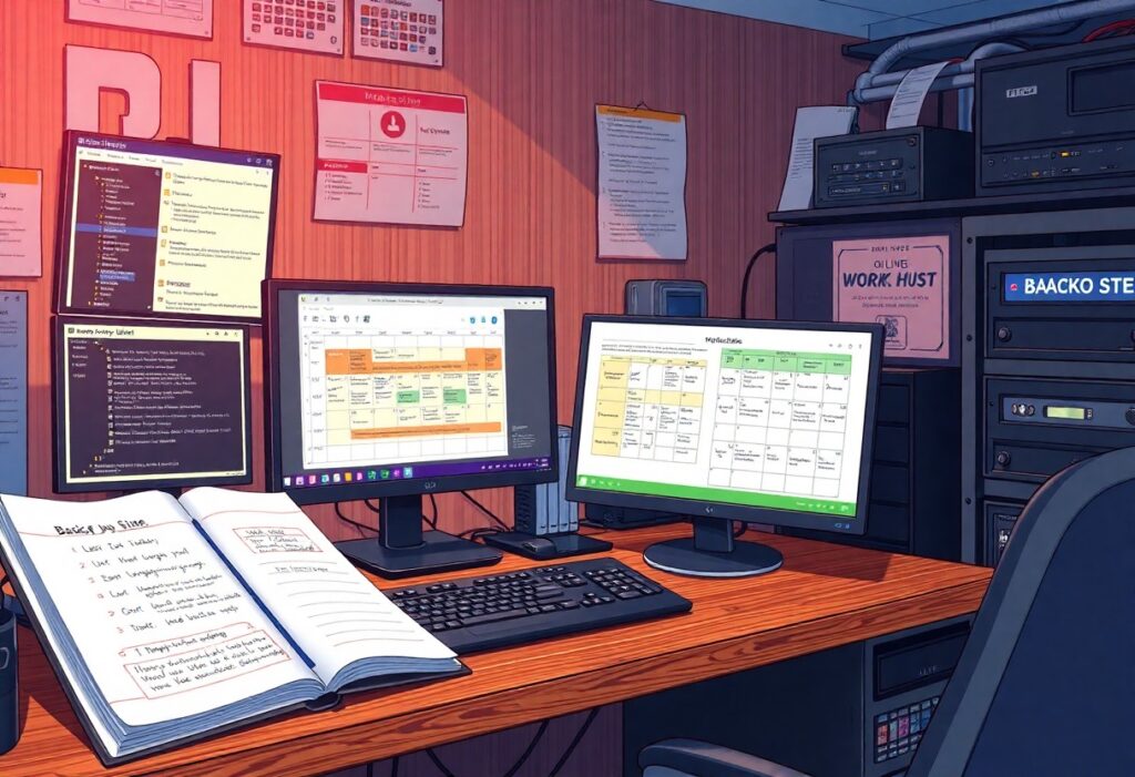 a computer desk with several monitors and a book