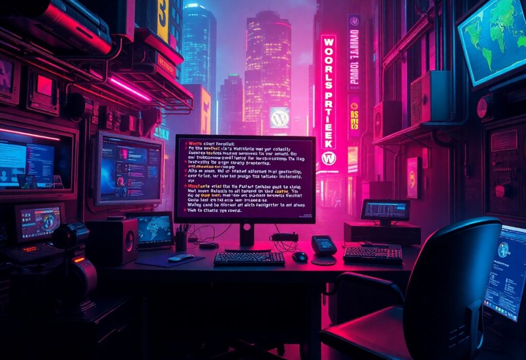 a computer in a dark room with lights and a city in the background