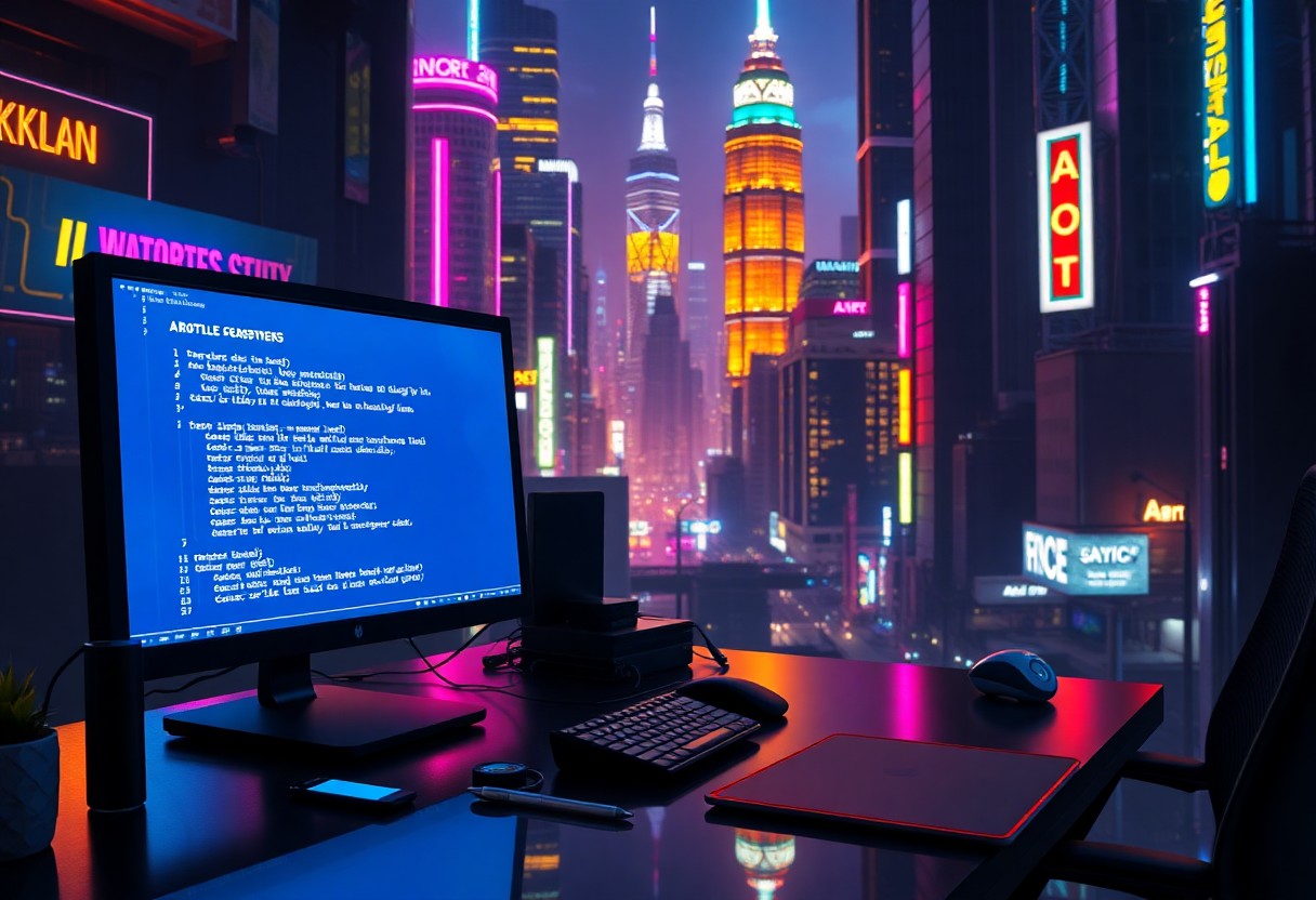 a computer on a desk in a city