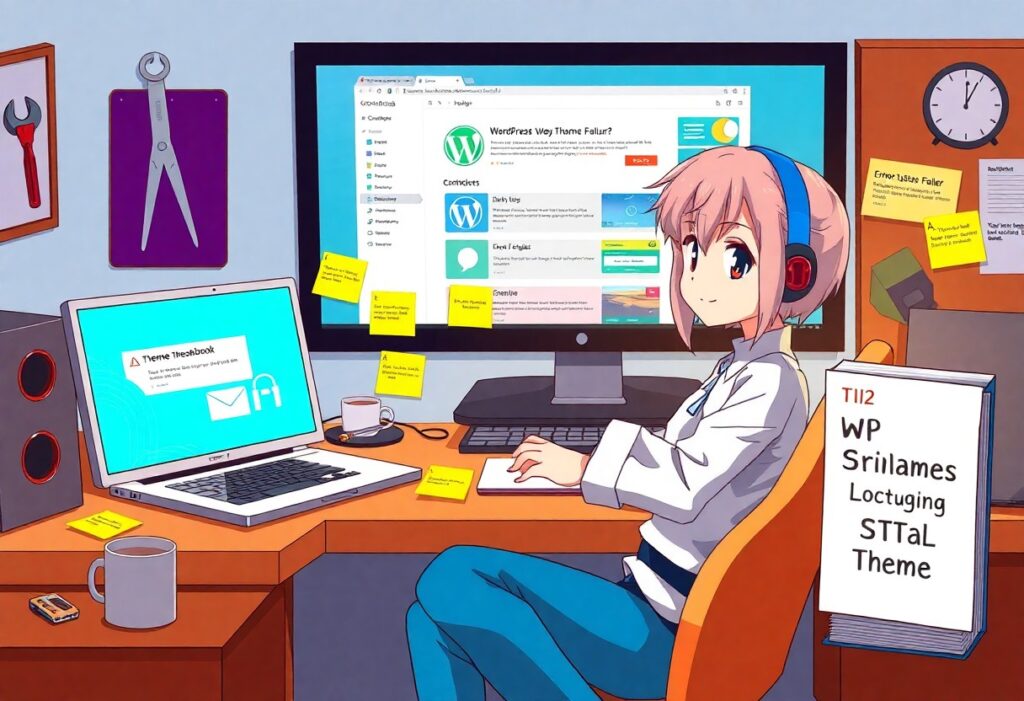 Proven How-To - Troubleshooting WP Critical Theme Failures 2 a cartoon of a woman sitting at a desk with a computer and a laptop