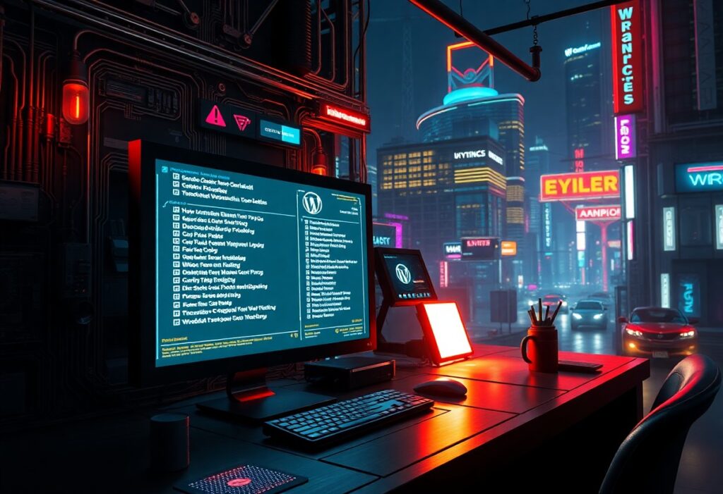 a computer on a desk in a city