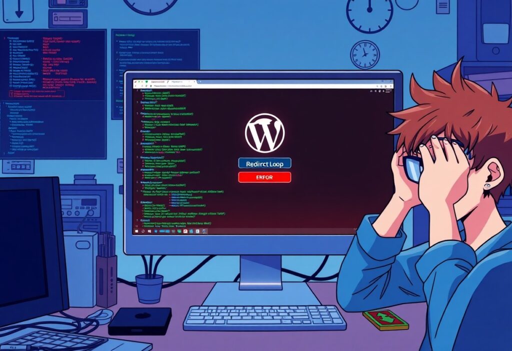 WordPress Login Redirect Loop 2 a cartoon of a man sitting at a desk with a computer