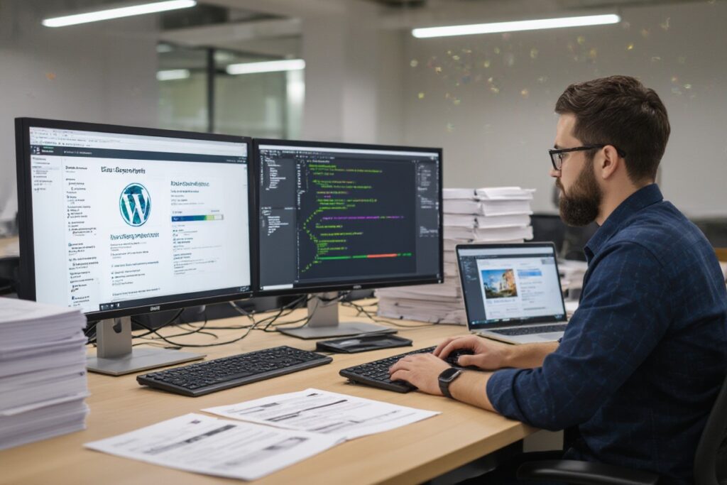 a man sitting at a desk with multiple computer screens