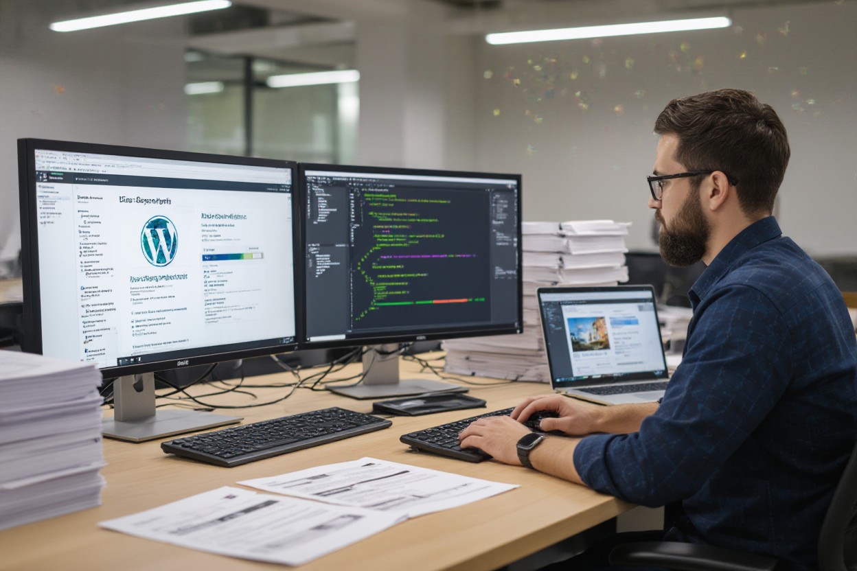 a man sitting at a desk with multiple computer screens