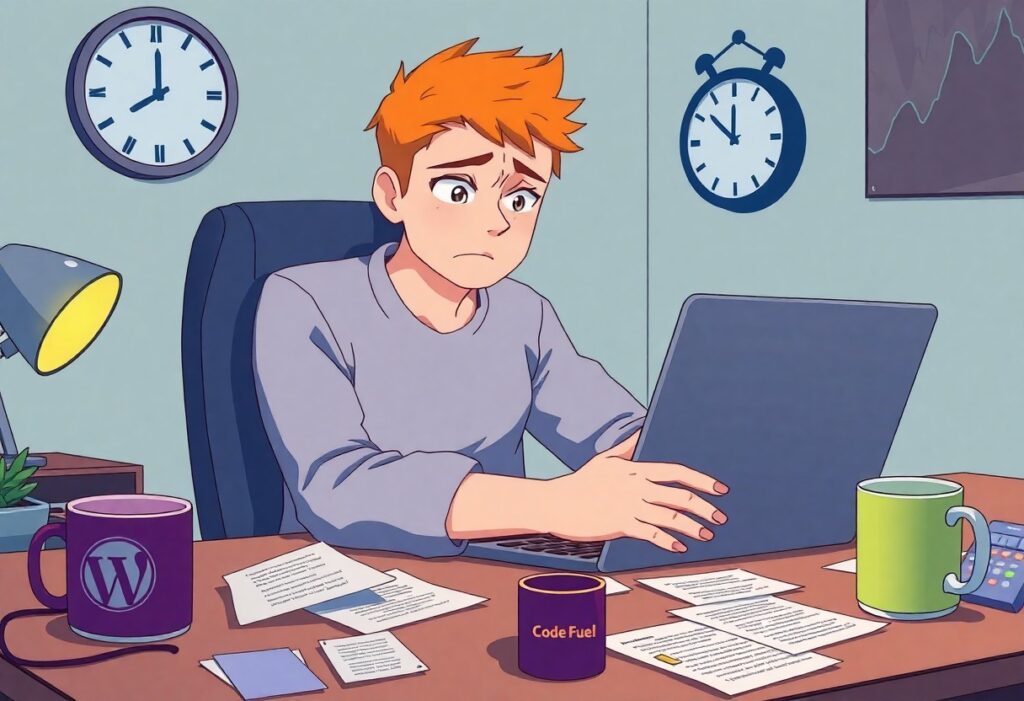 a cartoon of a man sitting at a desk with a laptop