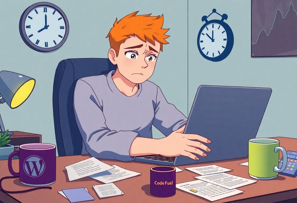 a cartoon of a man sitting at a desk with a laptop